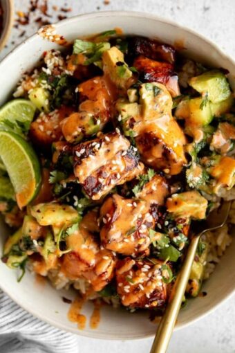Top shot photo of Honey Glazed Salmon Bowls recipe.