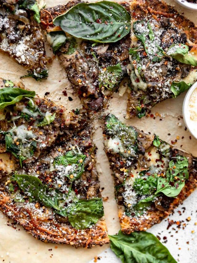 Slices of mushroom cauliflower pizza.