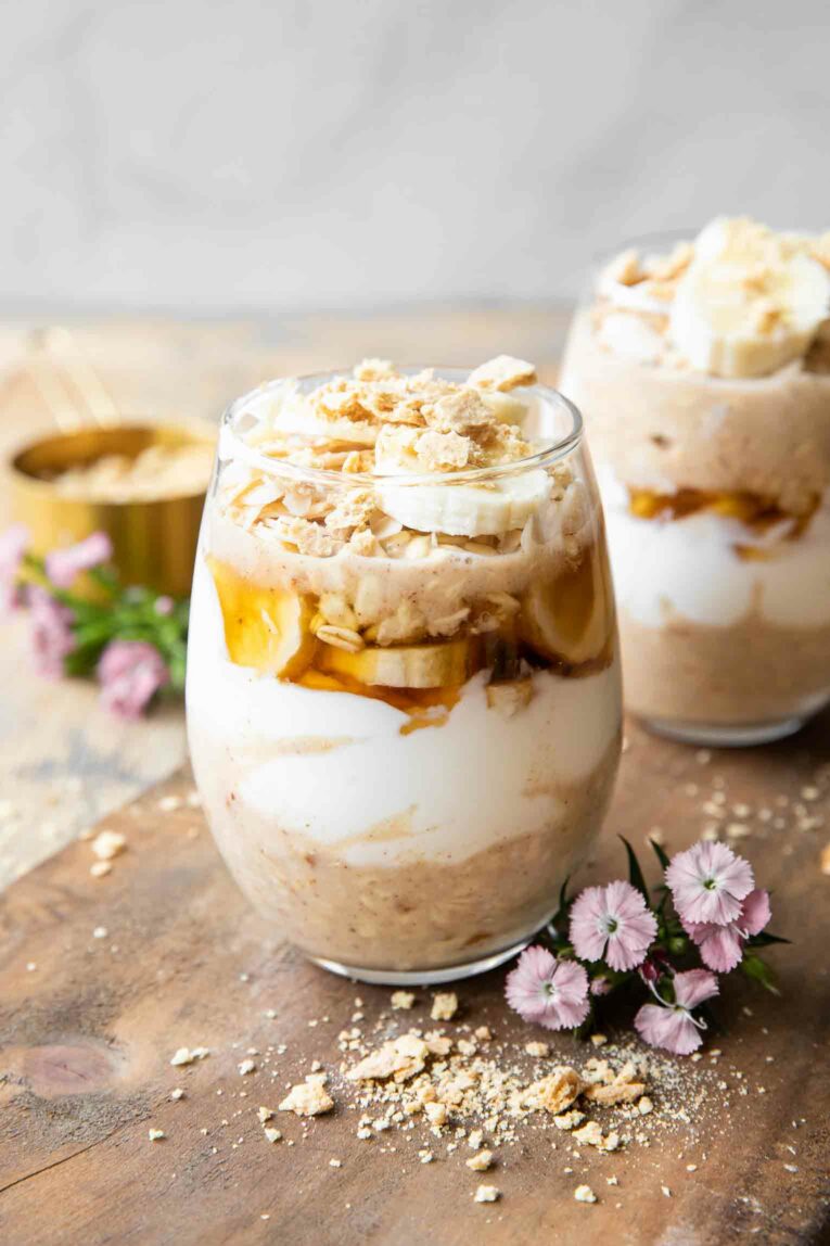 Banana Coconut Cream Pie Overnight Oats angled photo.