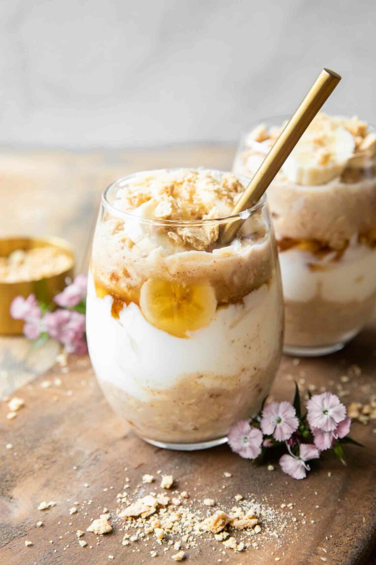 Angled photo of Banana Overnight Oats.