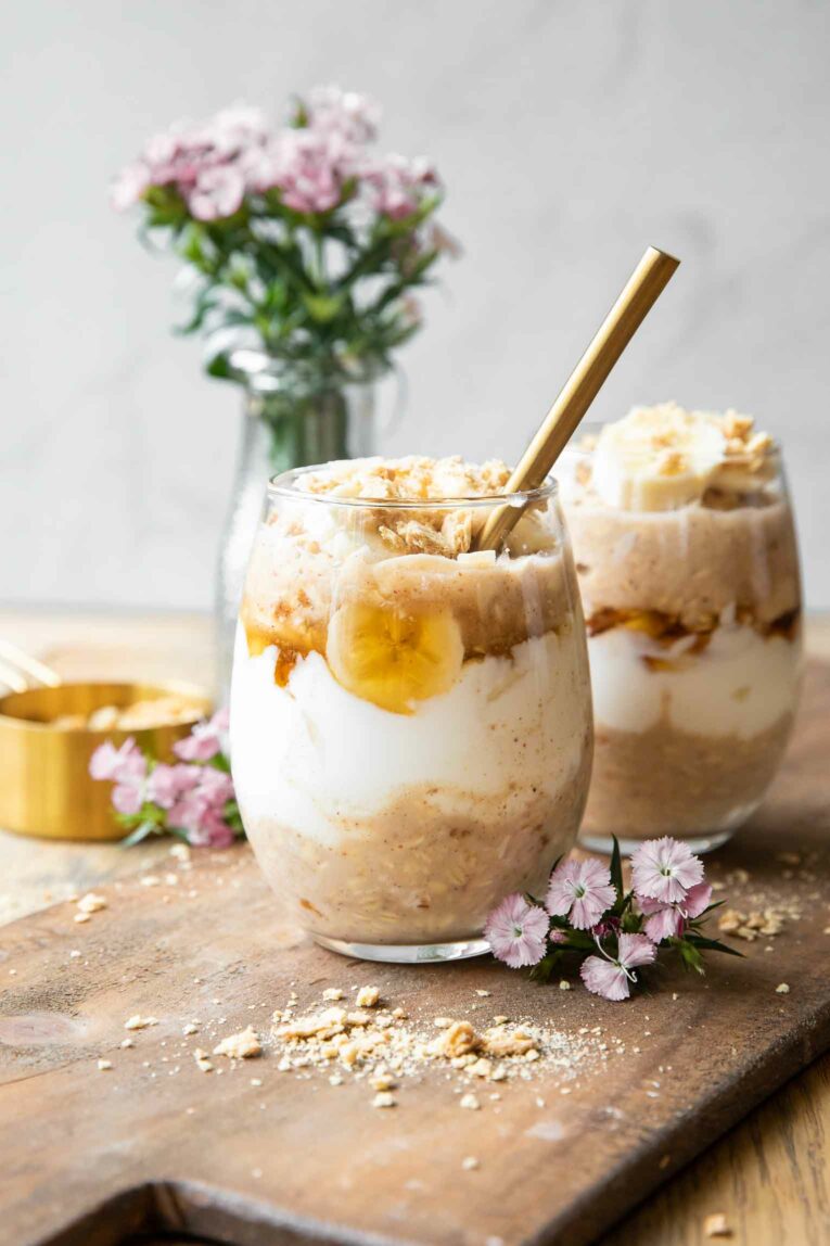 Banana Coconut Cream Pie Overnight Oats recipe with spoon.