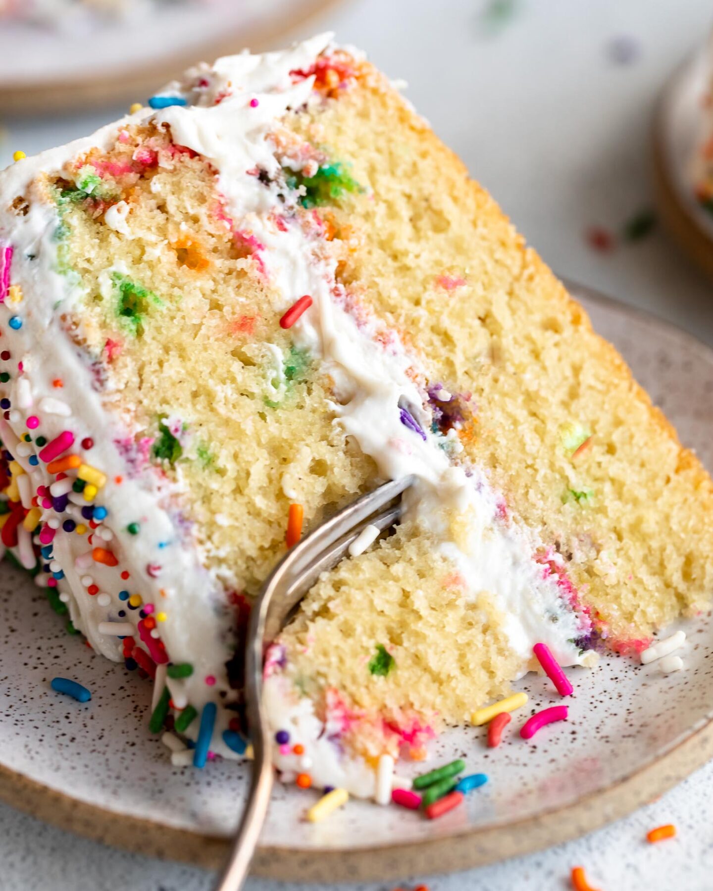 Close up of slice of Gluten-Free Funfetti Cake recipe.