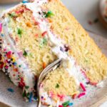 Close up of slice of Gluten-Free Funfetti Cake recipe.