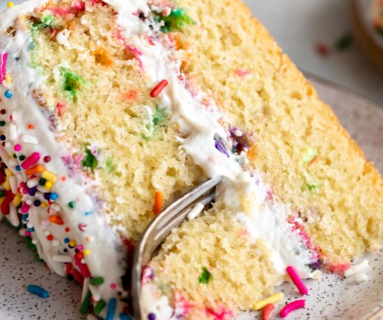 Close up of slice of Gluten-Free Funfetti Cake recipe.