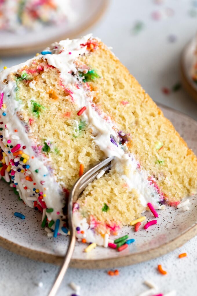 Close up of slice of Gluten-Free Funfetti Cake recipe.