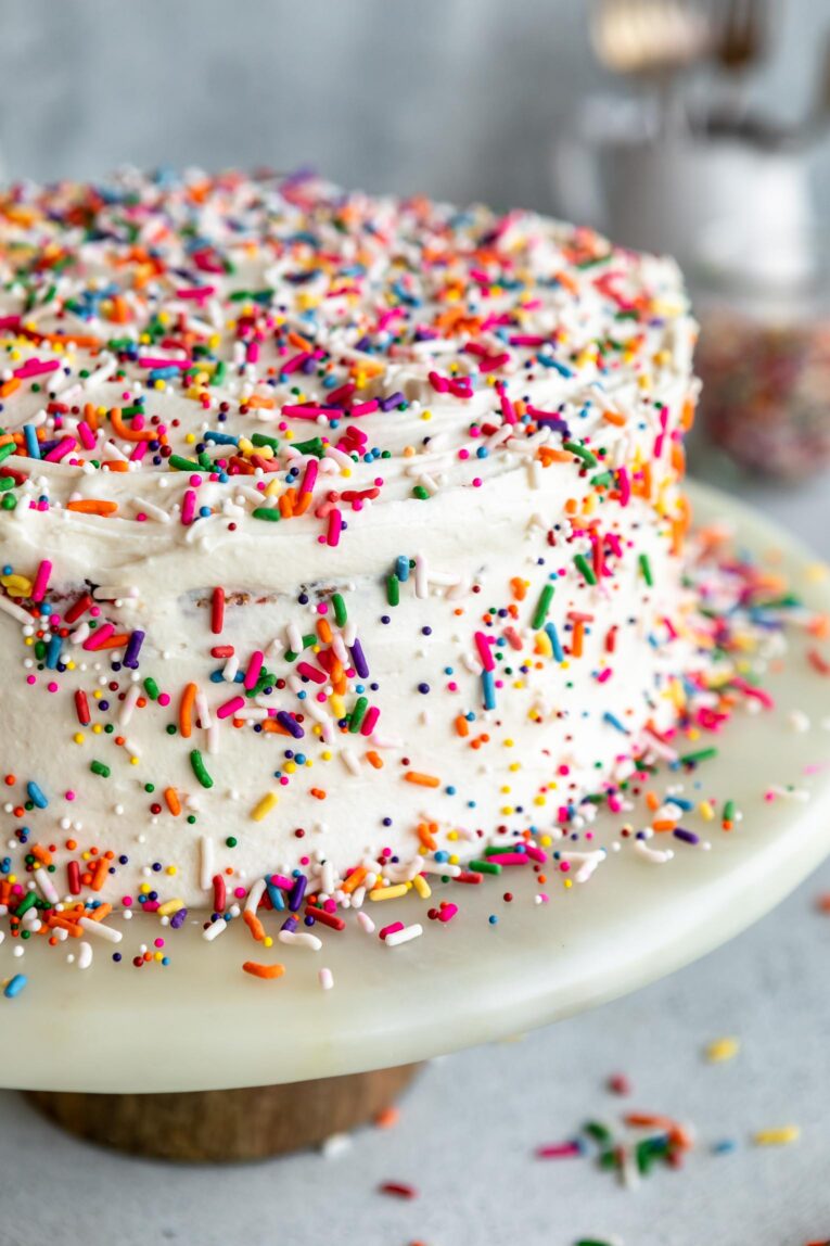 Gluten-Free Funfetti Cake with buttercream and sprinkles.