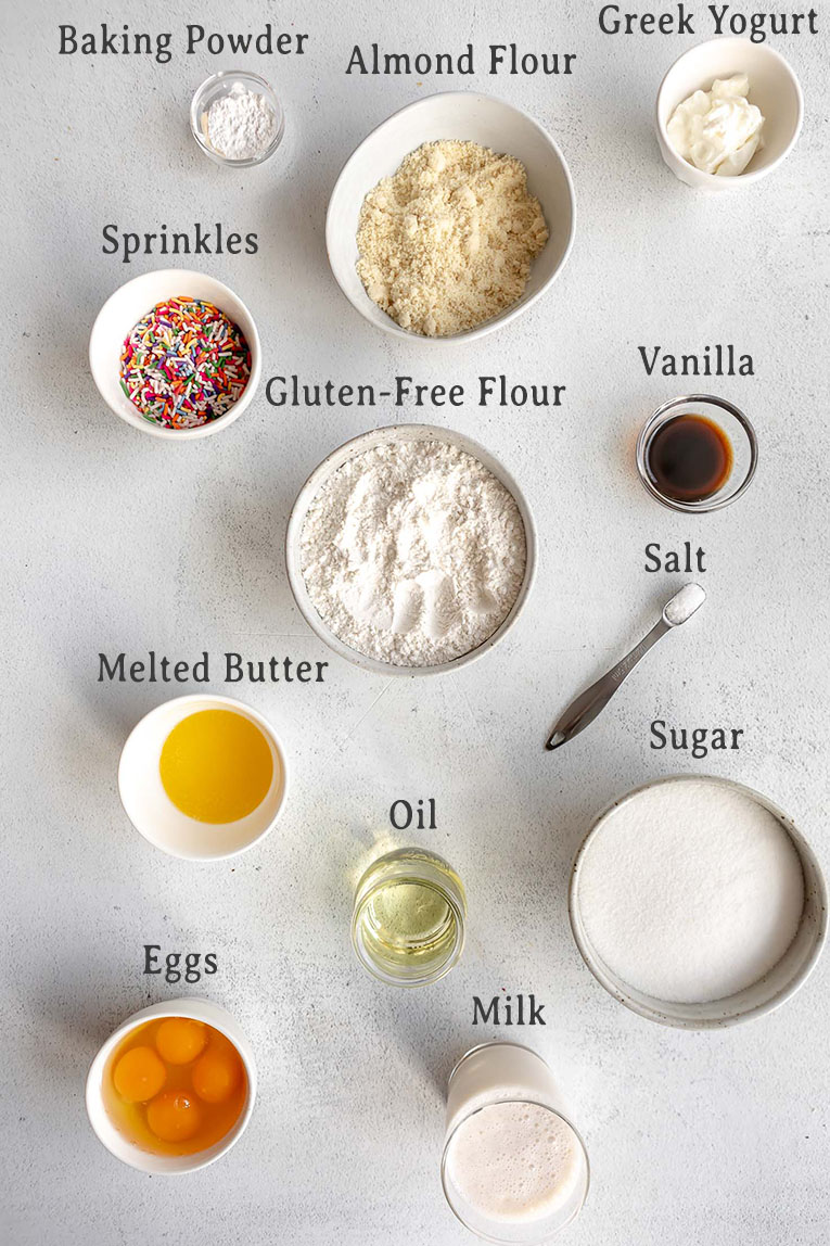 Ingredients for Gluten-Free Funfetti Cake recipe.
