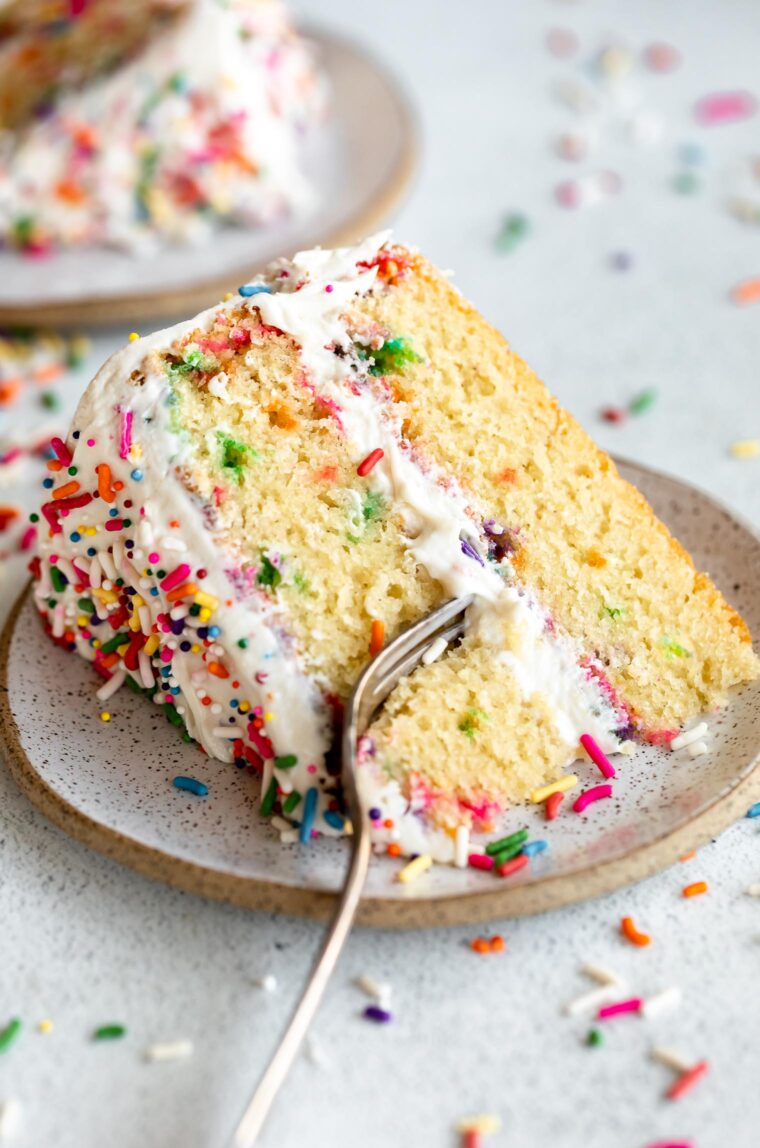 Gluten-Free Funfetti Cake slice with buttercream.