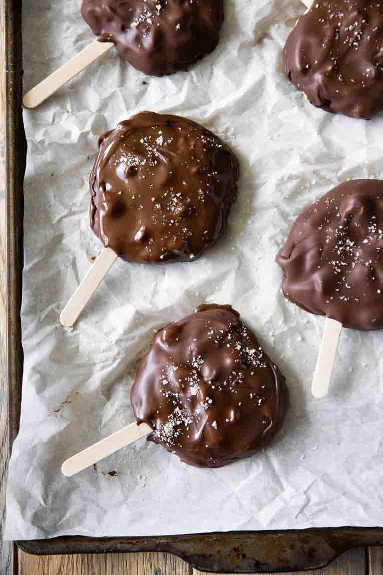 Peanut Butter Yogurt Bars dipped in chocolate.