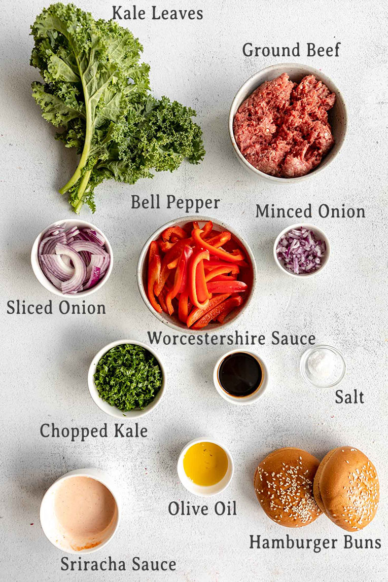 Kale beef burgers ingredients for a healthy hamburger.