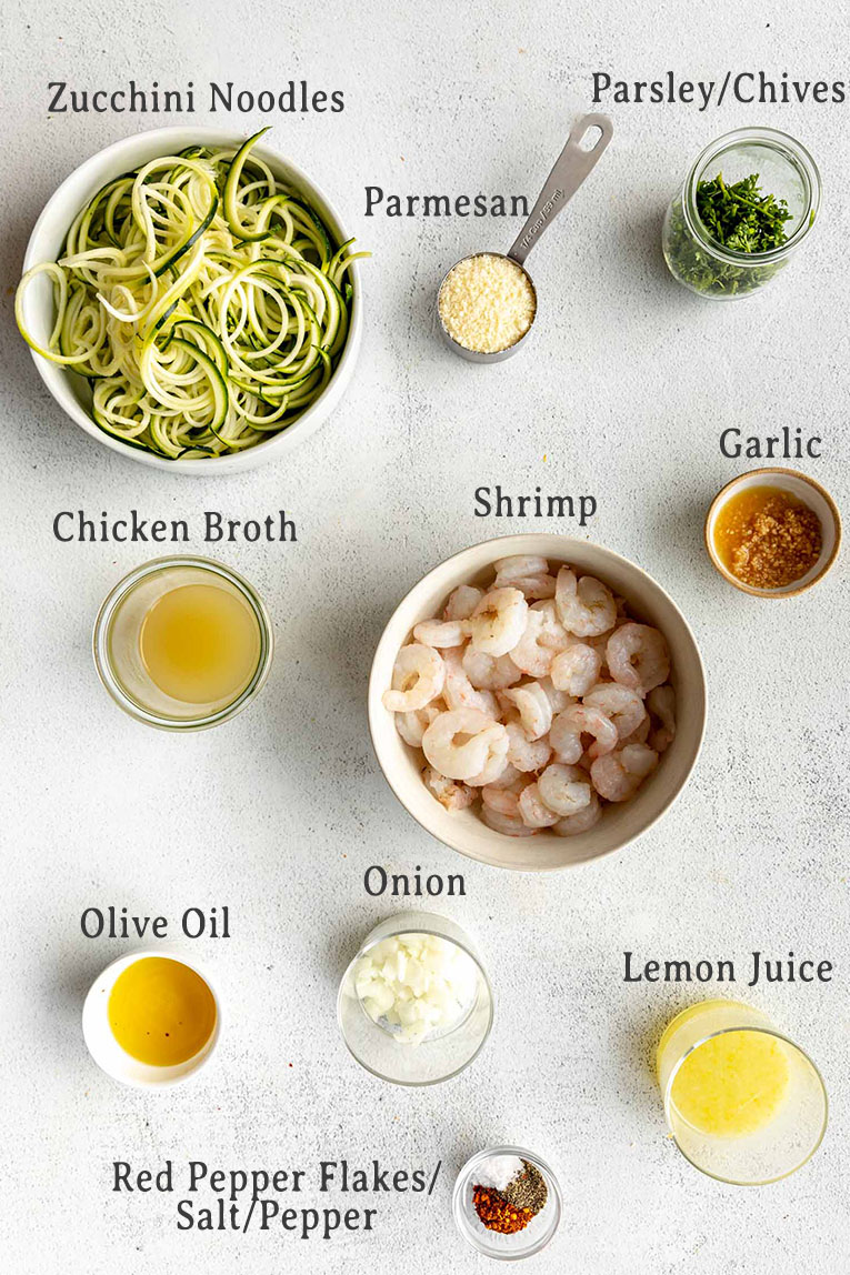 Ingredients for one-pot shrimp scampi recipe made with zoodles.
