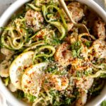 Shrimp Scampi w/ Zucchini Noodles recipe in a bowl with a fork.