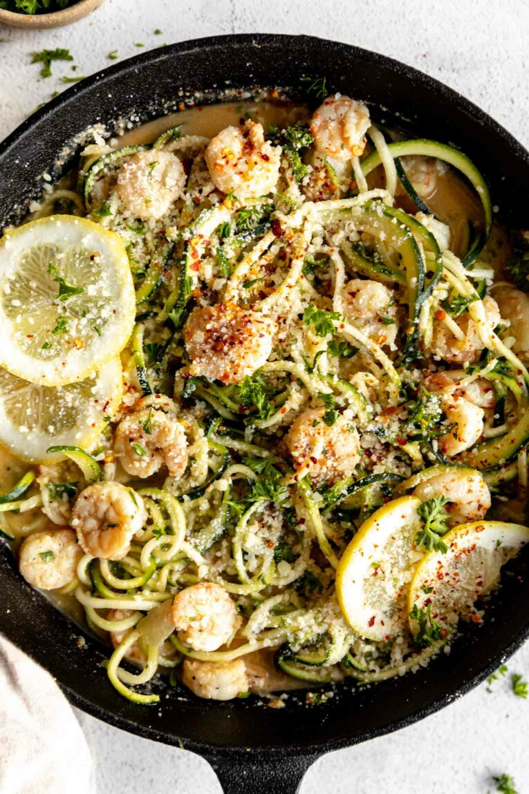 Close up of one-pot Shrimp Scampi w/ Zucchini Noodles.
