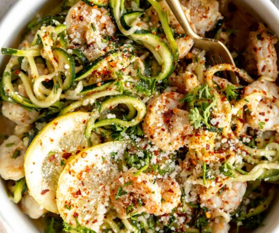 Shrimp Scampi w/ Zucchini Noodles recipe in a bowl with a fork.
