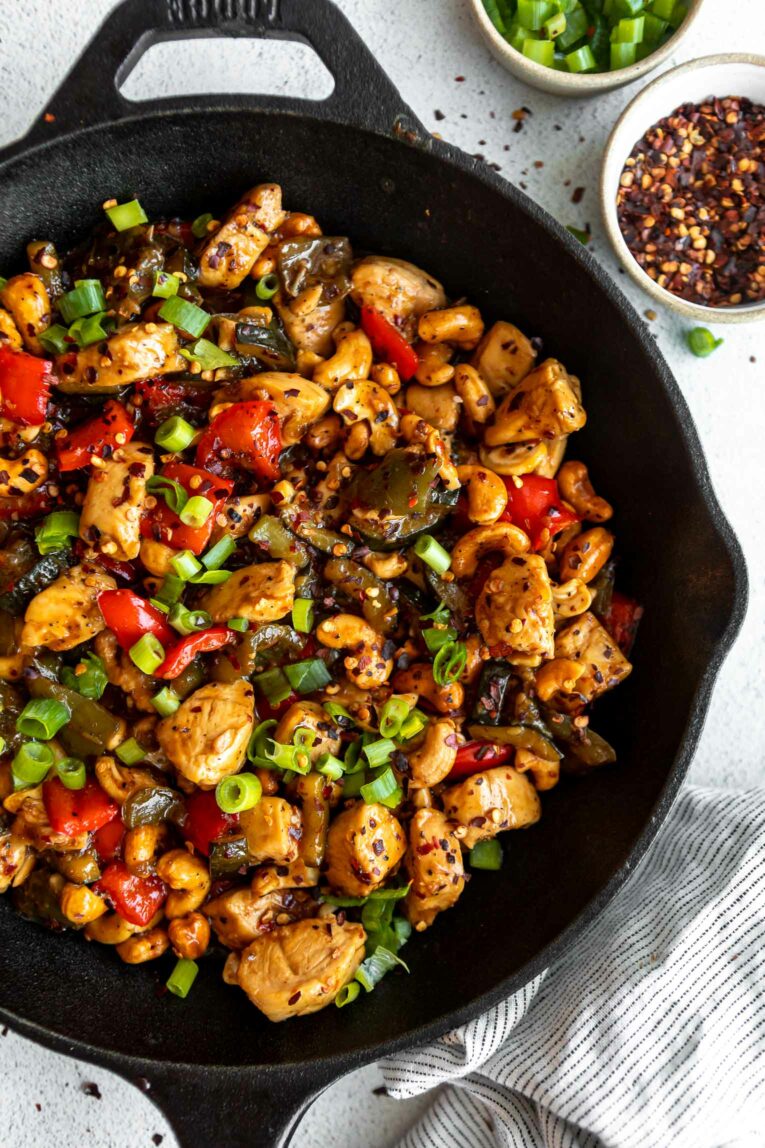 Spicy Cashew Chicken Noodles recipe in a skillet.