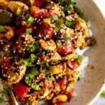 Spicy Cashew Chicken Noodle Bowl with fork.