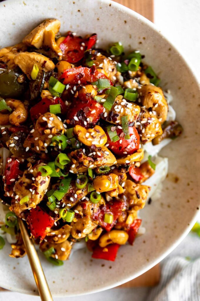 Spicy Cashew Chicken Noodle Bowl with fork.