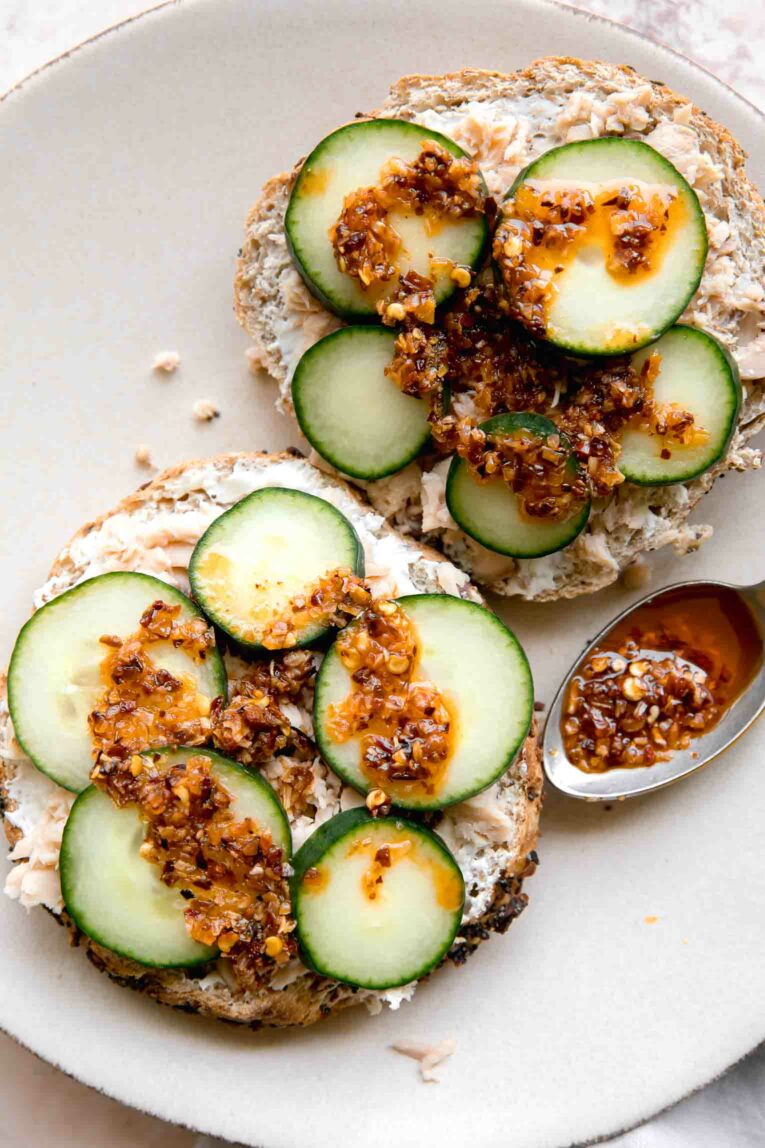 Bagels, cream cheese, salmon, cucumbers, and chili crunch recipe.