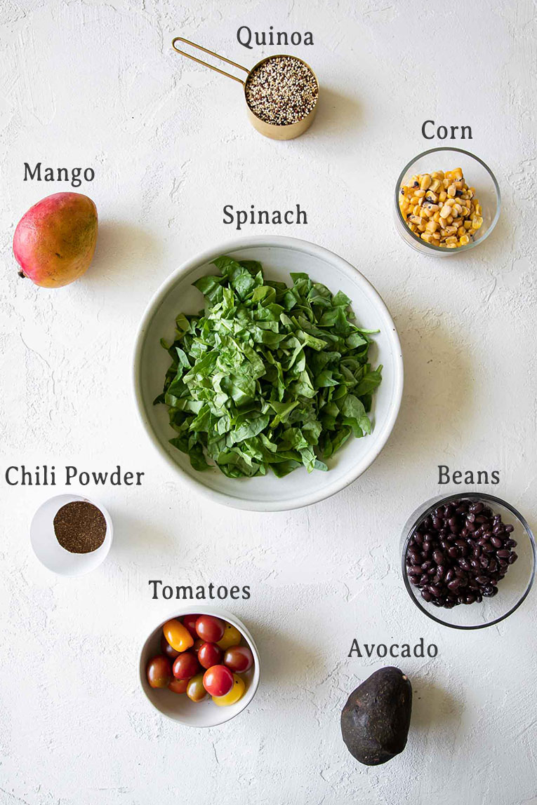 Ingredients for Chili Mango Zesty Quinoa Salad recipe.