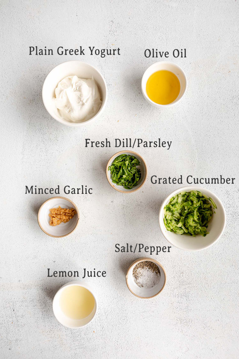 Ingredients for chicken kabob Tzatziki sauce.