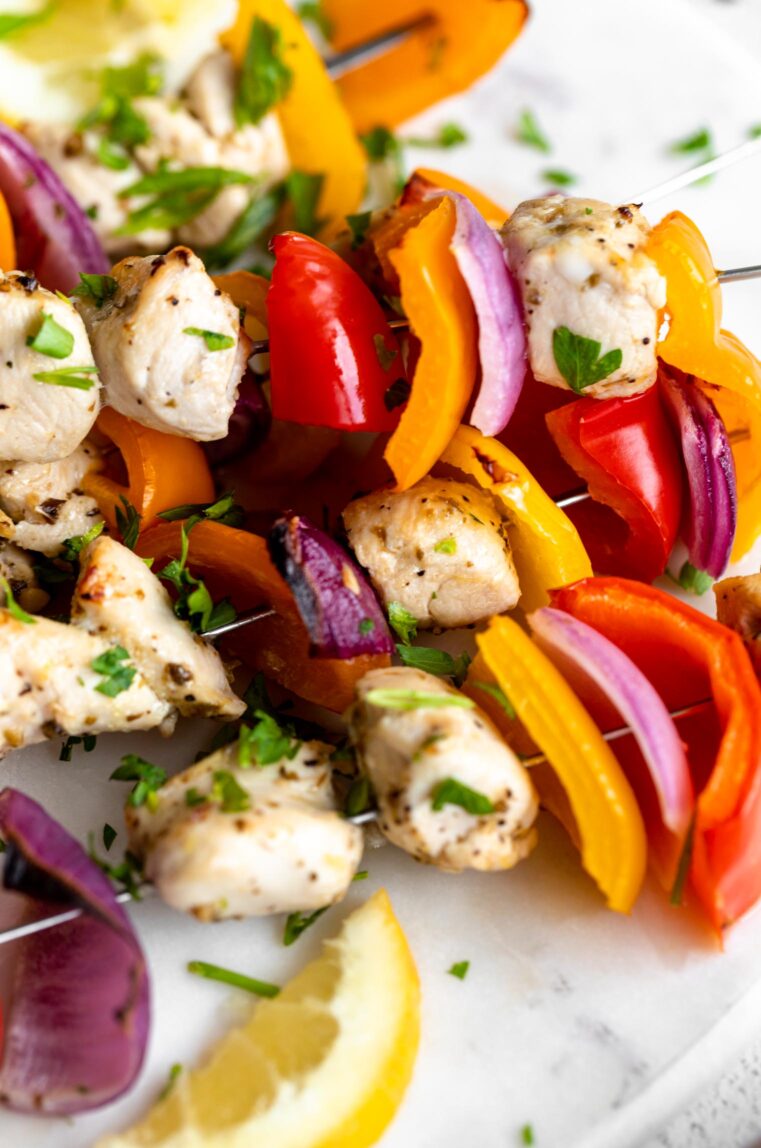 Close up of Greek Chicken Kabobs recipe.