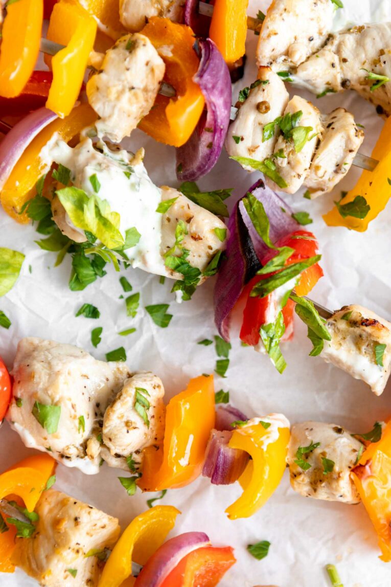 Greek Chicken Kabobs on a baking sheet.