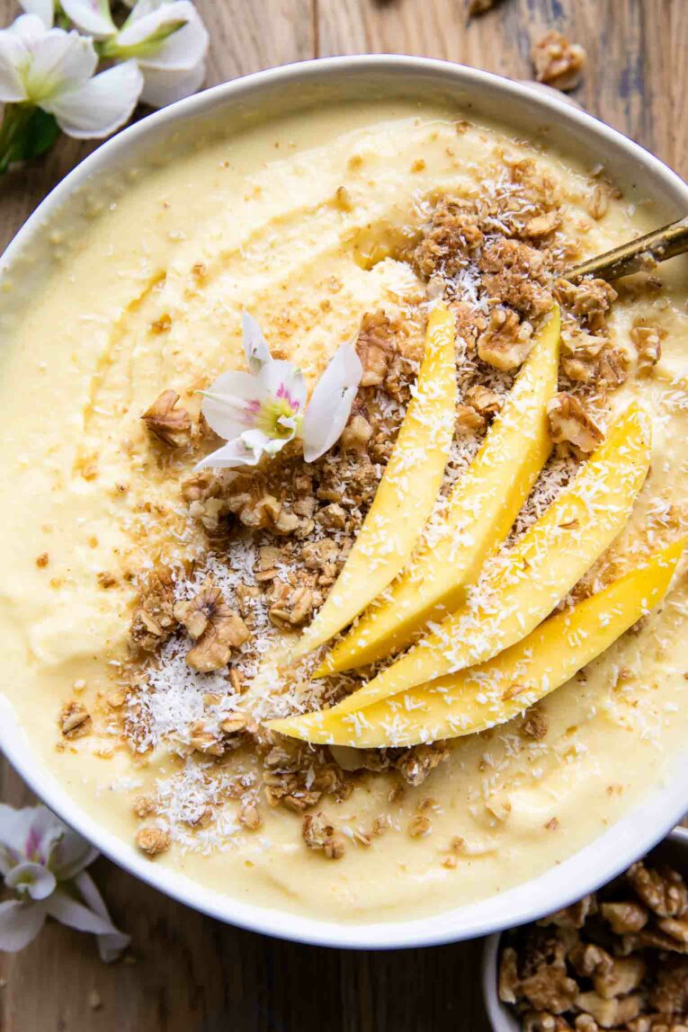 Close up of mango smoothie bowl recipe.
