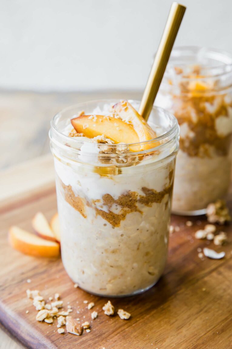Angled photo of Peaches n’ Cream Overnight Oats.