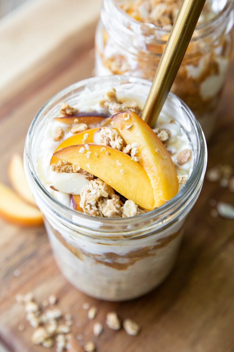Angled photo of Peaches n’ Cream Overnight Oats.