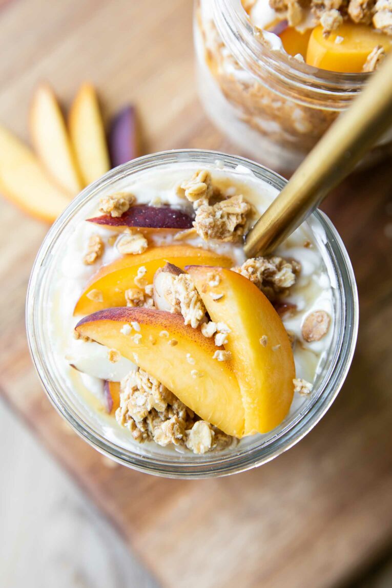 Top shot of peach overnight oats in a jar.