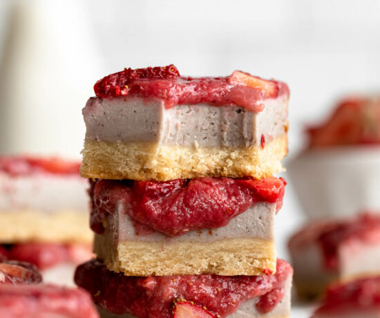 Stack of healthy Strawberry Cheesecake Bars.
