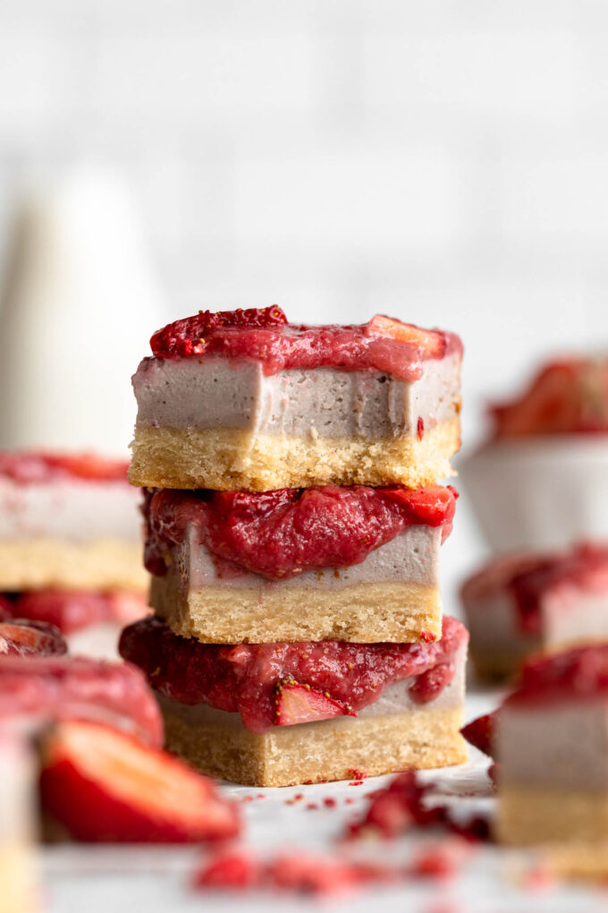 Stack of healthy Strawberry Cheesecake Bars.
