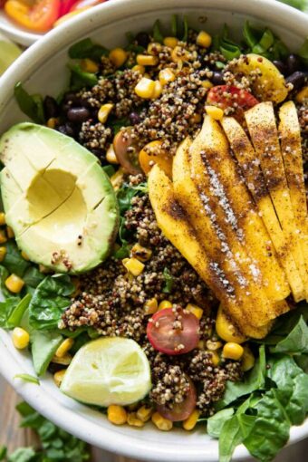 Close up of Chili Mango Zesty Quinoa Salad in a bowl.