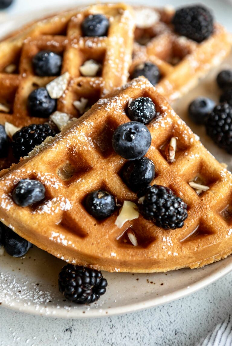 Angled photo of Almond Flour Waffles on a plate.