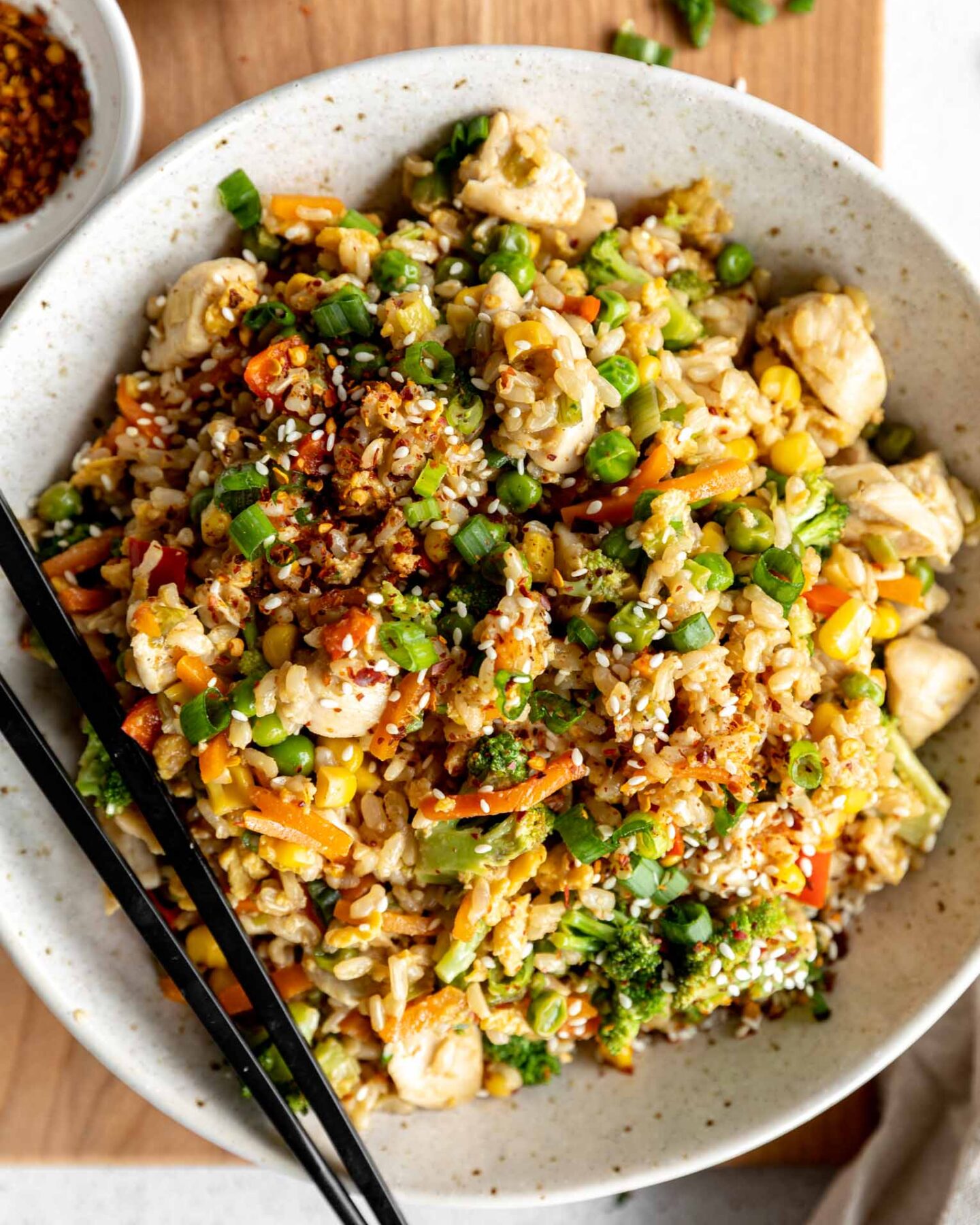 Top shot photo of Easy 30-Minute Chicken Fried Rice.