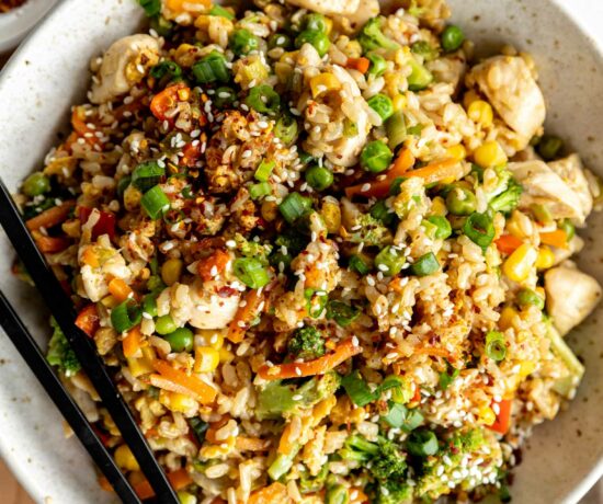 Top shot photo of Easy 30-Minute Chicken Fried Rice.