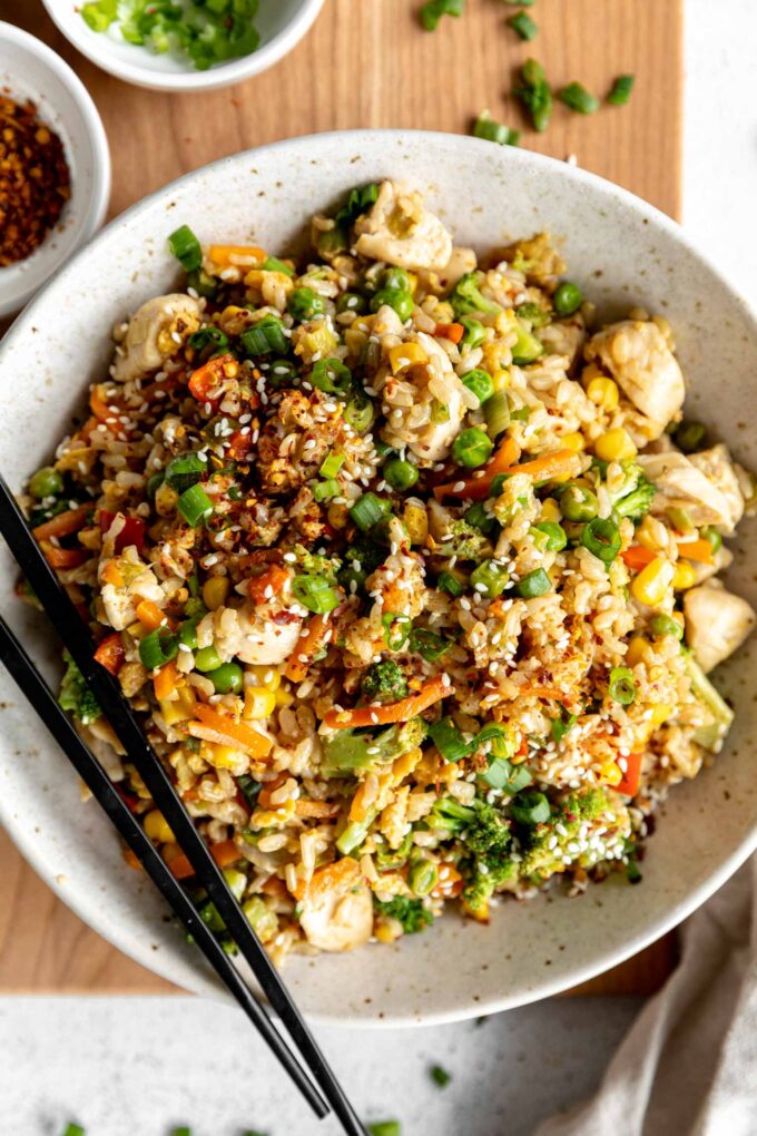 Top shot photo of Easy 30-Minute Chicken Fried Rice.