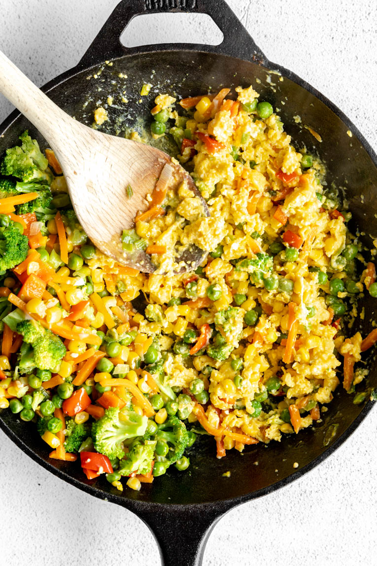 Easy 30-Minute Chicken Fried Rice being cooked in a skillet.