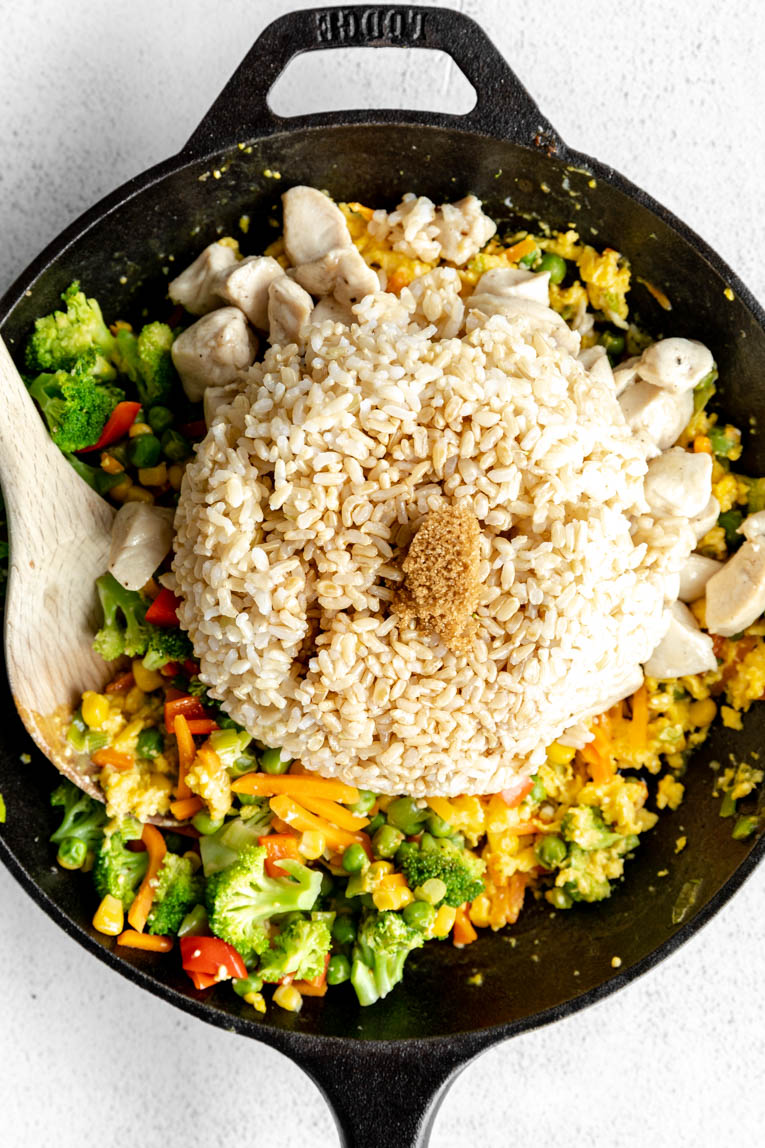 Cooked veggies with brown rice.