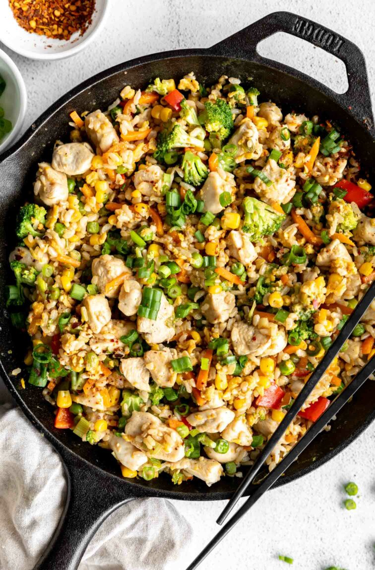 Easy 30-Minute Chicken Fried Rice recipe in a skillet.