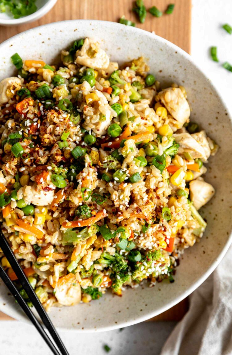 Easy 30-Minute Chicken Fried Rice recipe in a bowl.