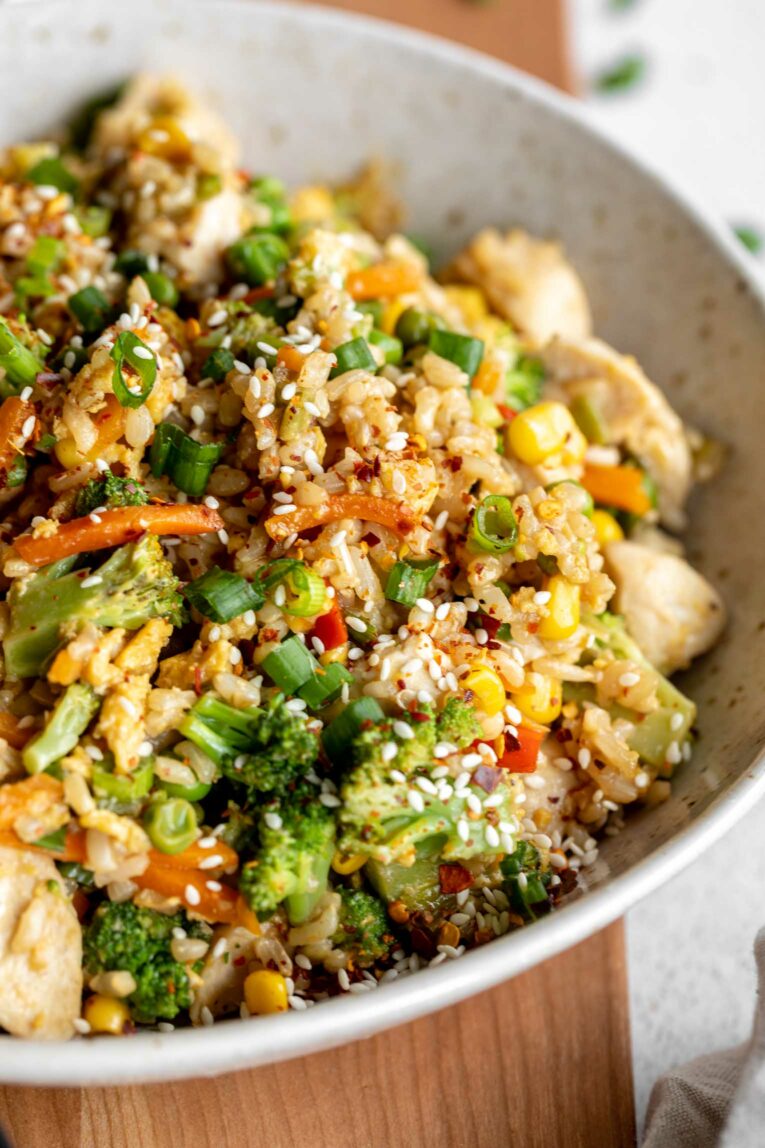Angled photo of the BEST chicken fried rice!