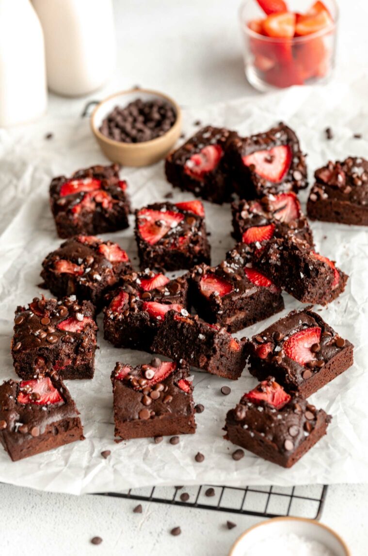 Angled photo of Strawberry Chocolate Brownies recipe.