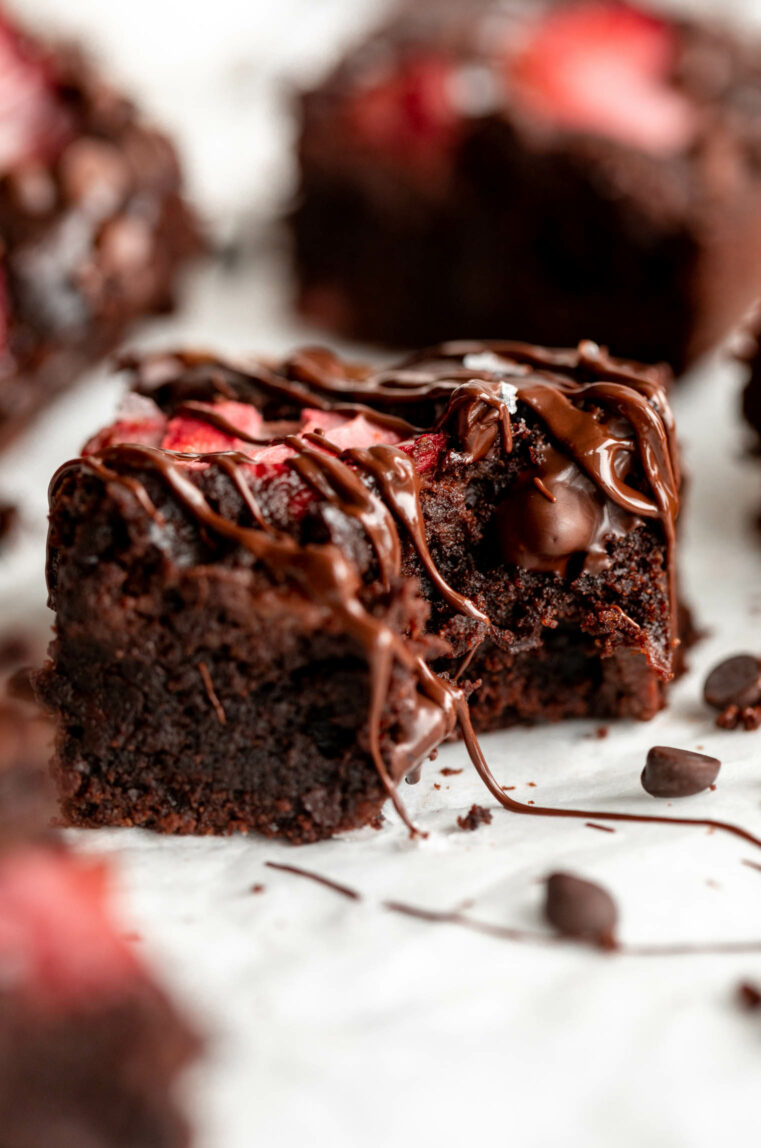 Strawberry Chocolate Brownie with a bite taken out.