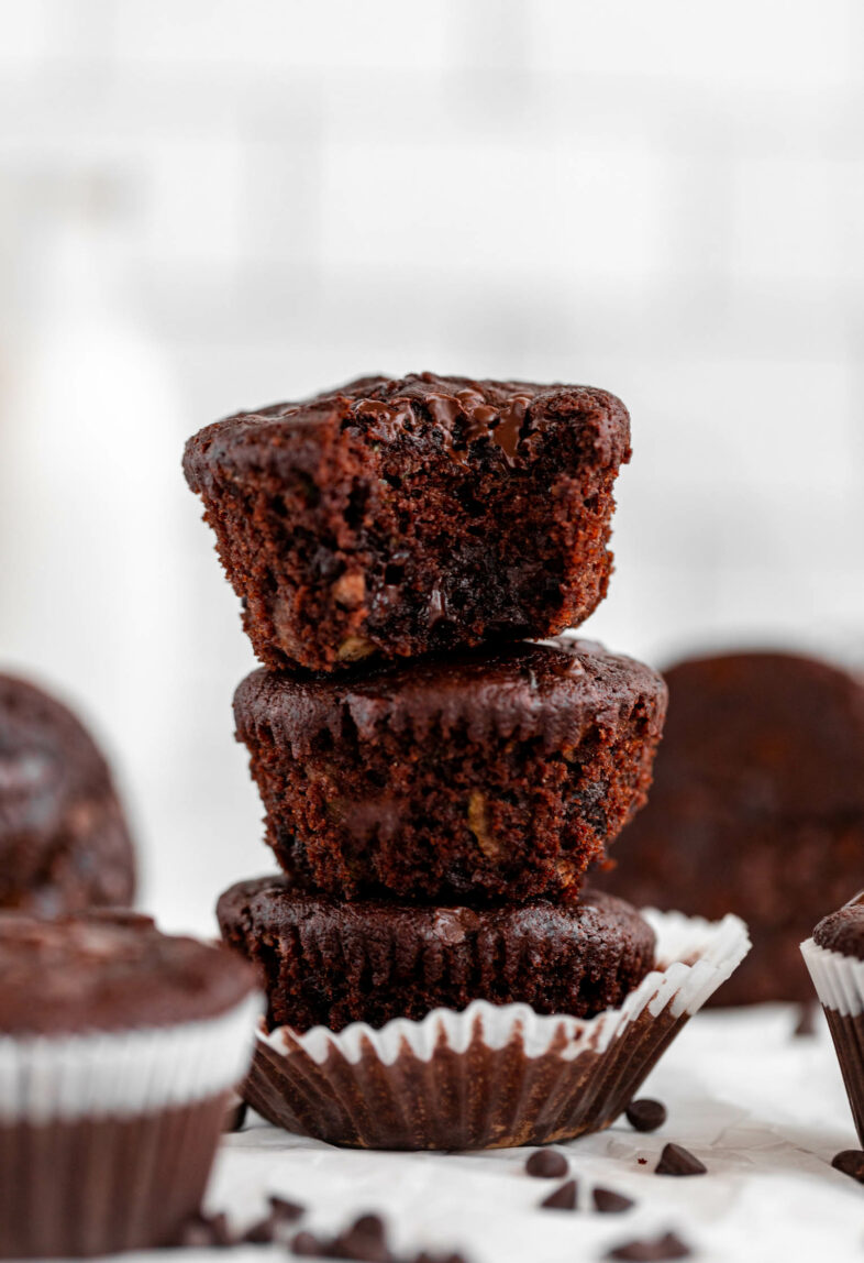 Stack of Chocolate Zucchini Muffins.