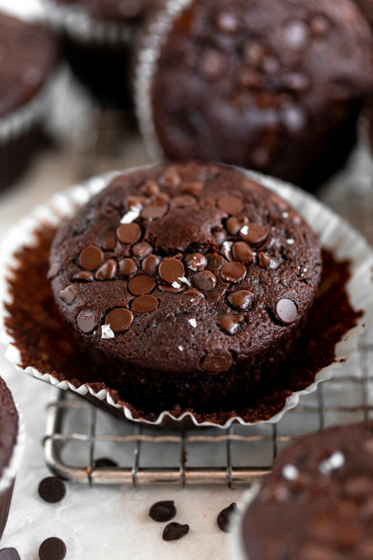 Chocolate Zucchini Muffin in a cupcake liner with chocolate chips.