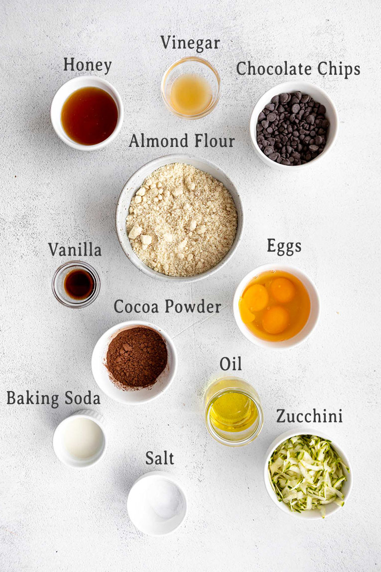 Chocolate zucchini muffins ingredients for recipe.