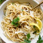 Easy Lemon Garlic Pasta recipe in a large bowl.