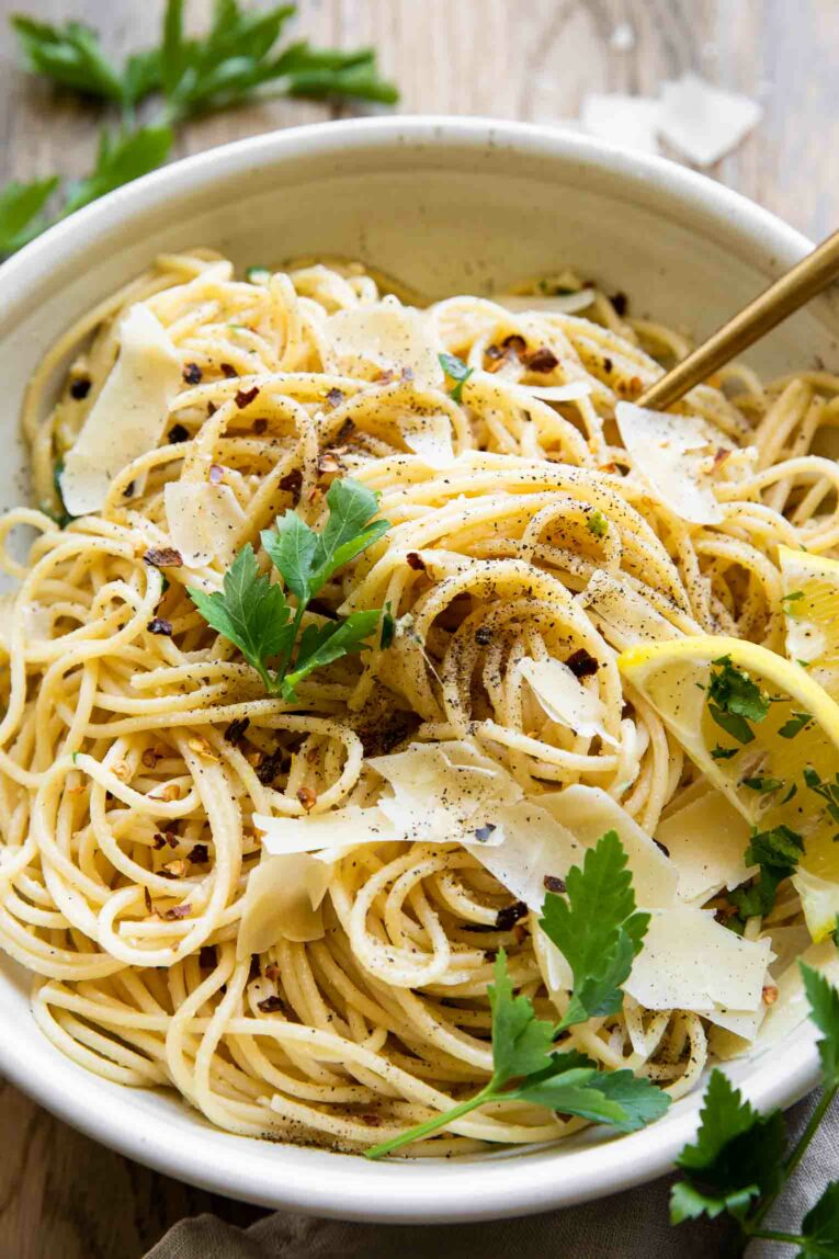 Angled photo of Lemon Garlic Pasta.