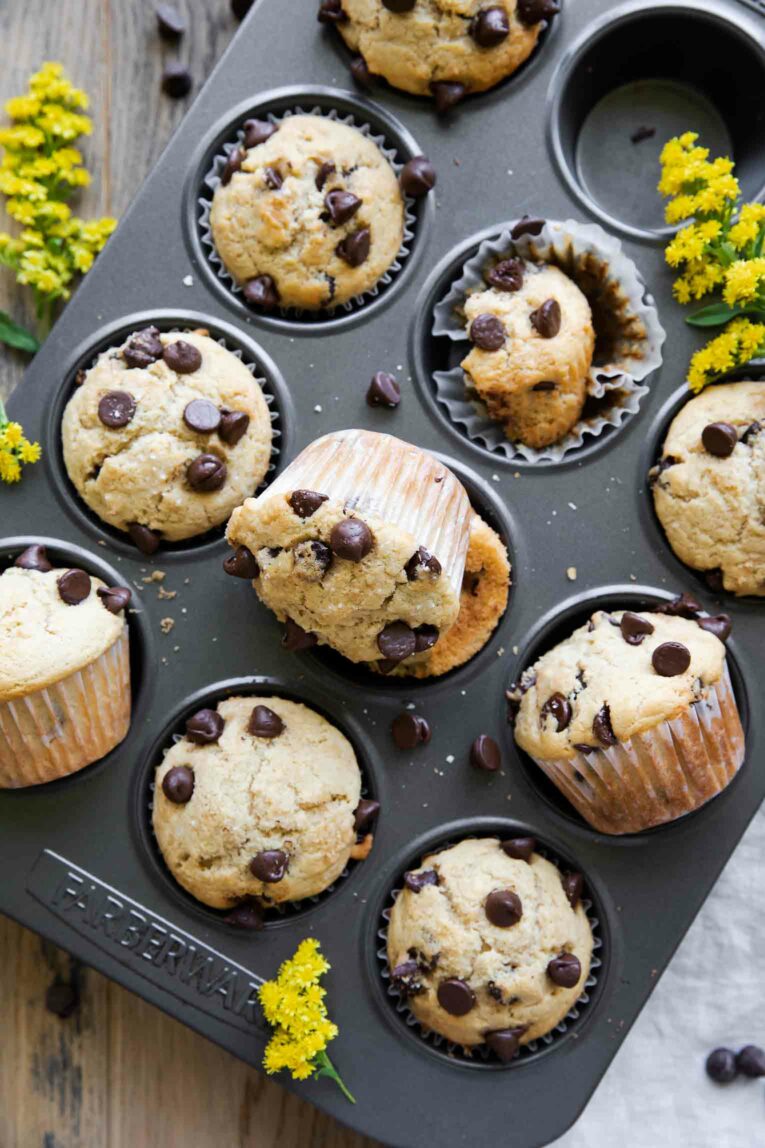 Healthy Chocolate Chip Muffins in a cupcake tin.